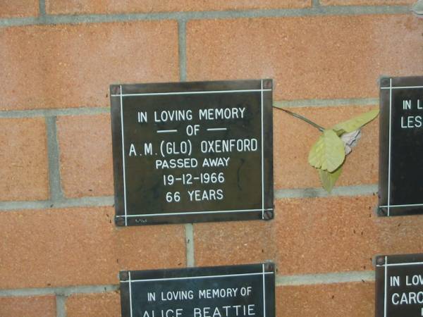 A.M. (Glo) OXENFORD,  | died 19-12-1966 aged 66 years;  | Lower Coomera cemetery, Gold Coast  | 