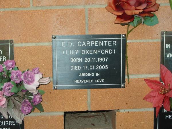 E.D. CARPENTER (Lily OXENFORD),  | born 20-11-1907,  | died 17-01-2005;  | Lower Coomera cemetery, Gold Coast  | 