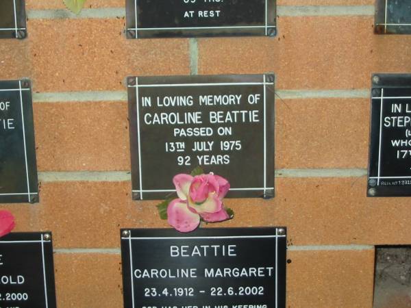 Caroline BEATTIE,  | died 13 July 1975 aged 92 years;  | Lower Coomera cemetery, Gold Coast  | 