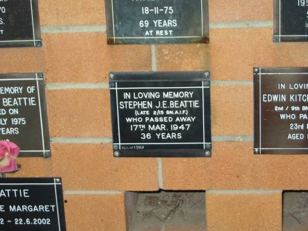 Stephen J.E. BEATTIE,  | died 17 Mar 1947 aged 36 years;  | Lower Coomera cemetery, Gold Coast  | 