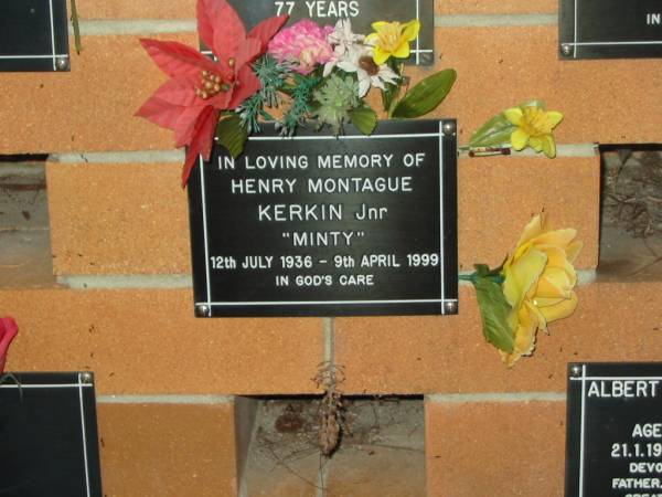 Henry Montague KERKIN junior (Minty),  | 12 July 1936 - 9 April 1999;  | Lower Coomera cemetery, Gold Coast  | 