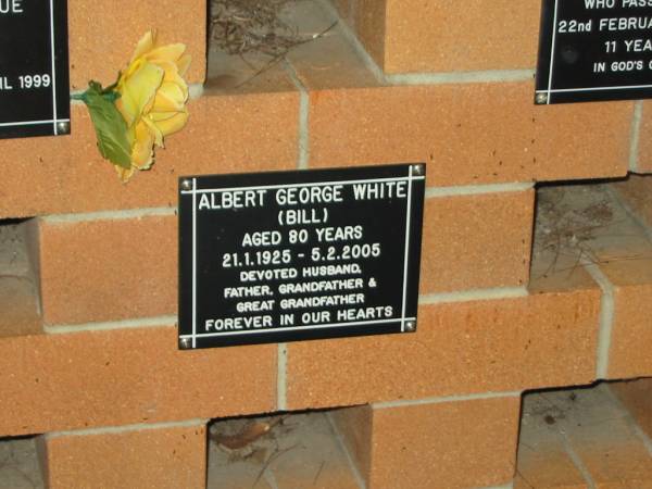 Albert George (Bill) WHITE,  | 21-1-1925 - 5-2-2005 aged 80 years,  | husband father grandfather great-grandfather;  | Lower Coomera cemetery, Gold Coast  | 
