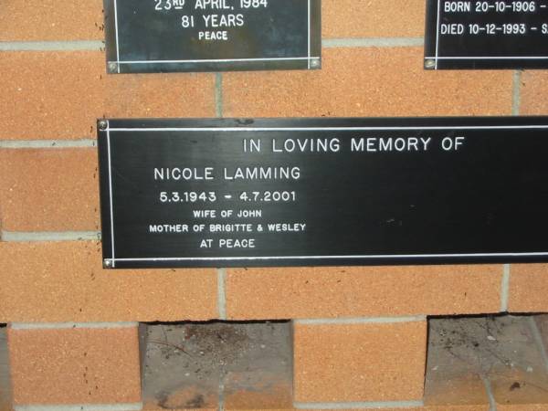 Nicole LAMMING,  | 5-3-1943 - 4-7-2001,  | wife of John,  | mother of Brigitte & Wesley;  | Lower Coomera cemetery, Gold Coast  | 