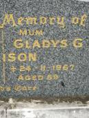 James A. ELLISON, dad, died 4-2-1956 aged 41 years; Gladys G. ELLISON, mum, died 24-11-1967 aged 59 years; Lower Coomera cemetery, Gold Coast 