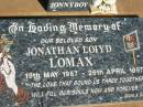 Jonathan Loiyd LOMAX (Jonnyboy), son, 15 May 1987 - 26 April 1997; St Michael's Catholic Cemetery, Lowood, Esk Shire 