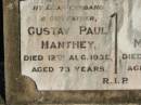 Gustav Paul MANTHEY, husband father, died 12 Aug 1939 aged 73 years; Maria MANTHEY, mother, died 6 Sept 1950 aged 83 years; Peter MANTHEY, husband of Juliane, 15-3-1839 - 15-2-1901 aged 61 years; Antonious Peter MANTHEY, died 14 March 1966 aged 72 years; Juliane MANTHEY, wife of Peter, 14-10-1841 - 16-10-1906 aged 65 years; St Michael's Catholic Cemetery, Lowood, Esk Shire 