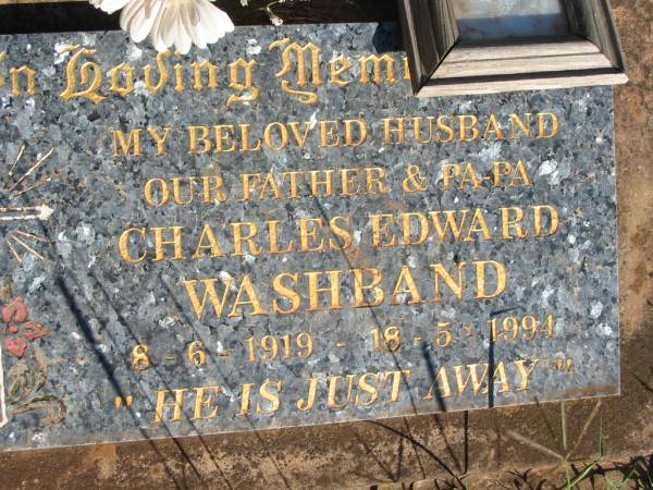 Charles Edward WASHBAND (Eddie),  | husband father pa-pa,  | 8-6-1919 - 18-5-1994;  | St Michael's Catholic Cemetery, Lowood, Esk Shire  | 