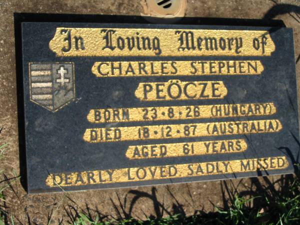 Charles Stephen PEOCZE,  | born 23-8-26 Hungary,  | died 18-12-87 Australia aged 61 years;  | St Michael's Catholic Cemetery, Lowood, Esk Shire  | 