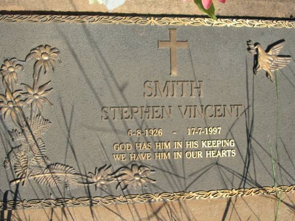 Stephen Vincent SMITH,  | 6-8-1926 - 17-7-1997;  | St Michael's Catholic Cemetery, Lowood, Esk Shire  | 