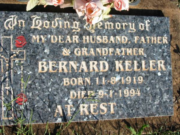 Bernard KELLER,  | husband father grandfather,  | born 11-8-1919 died 9-1-1994;  | St Michael's Catholic Cemetery, Lowood, Esk Shire  | 