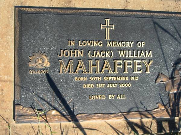 John (Jack) William MAHAFFEY,  | born 30 Sept 1912 died 31 July 2000;  | St Michael's Catholic Cemetery, Lowood, Esk Shire  | 