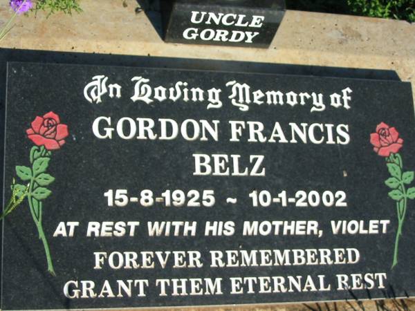 Gordon Francis BELZ (uncle Gordy),  | 15-8-1925 - 10-1-2002,  | with mother Violet;  | St Michael's Catholic Cemetery, Lowood, Esk Shire  | 