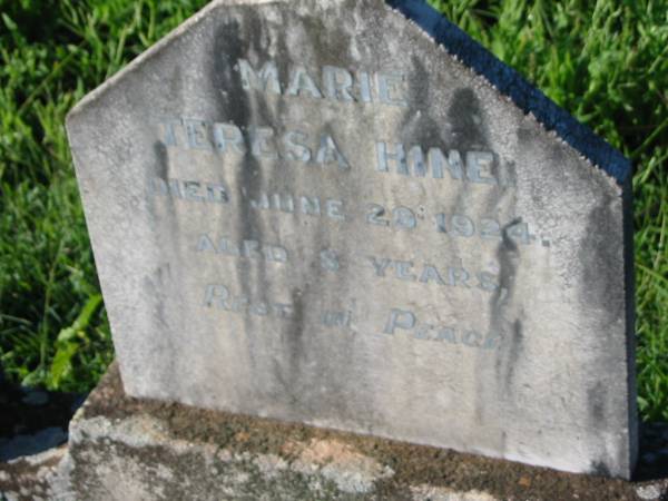 Marie Theresa HINE,  | died 29 June 1924 aged 8 years;  | St Michael's Catholic Cemetery, Lowood, Esk Shire  | 