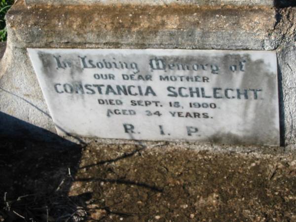 Constancia SCHLECHT, mother,  | died 18 Sept 1900 aged 34 years;  | St Michael's Catholic Cemetery, Lowood, Esk Shire  | 