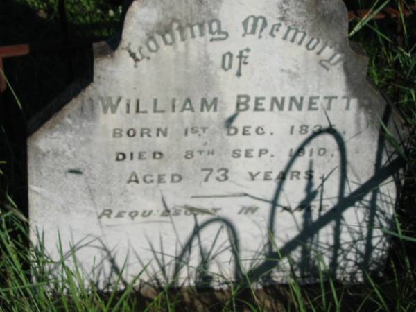 William BENNETT,  | born 1 Dec 1836 died 8 Sept 1910 aged 73 years;  | St Michael's Catholic Cemetery, Lowood, Esk Shire  | 