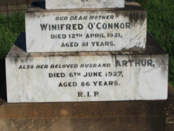 Winifred O'CONNOR, mother,  | died 12 April 1921 aged 81 years;  | Arthur, husband,  | died 6 June 1927 aged 86 years;  | St Michael's Catholic Cemetery, Lowood, Esk Shire  | 