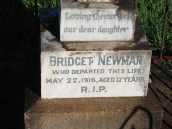 Bridget NEWMAN, daughter,  | died 22 May 1916 aged 12 years;  | St Michael's Catholic Cemetery, Lowood, Esk Shire  | 