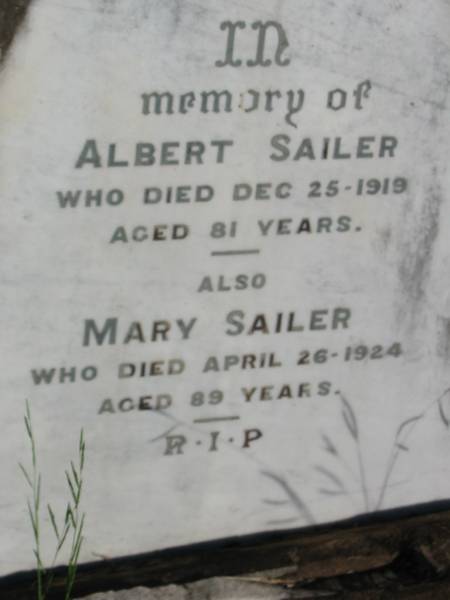Albert SAILER,  | died 25 Dec 1919 aged 81 years;  | Mary SAILER,  | died 26 April 1924 aged 89 years;  | St Michael's Catholic Cemetery, Lowood, Esk Shire  | 