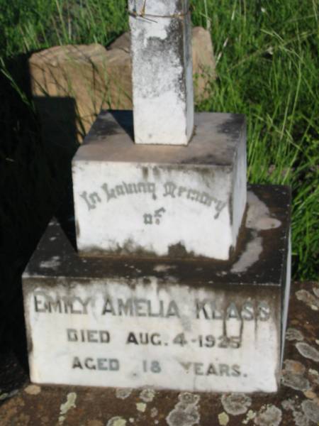 Emily Amelia KLASS,  | died 4 Aug 1925 aged 18 years;  | St Michael's Catholic Cemetery, Lowood, Esk Shire  | 