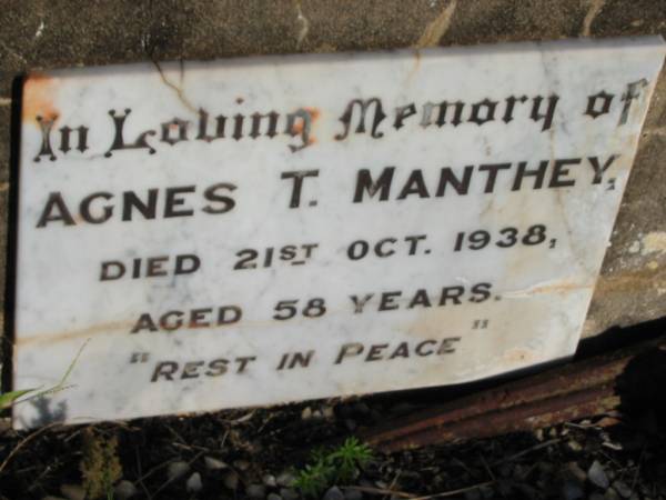Agnes T. MANTHEY,  | died 21 Oct 1938 aged 58 years;  | St Michael's Catholic Cemetery, Lowood, Esk Shire  | 