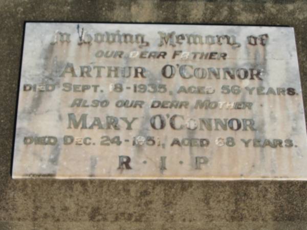 Arthur O'CONNOR, father,  | died 8 Sept 1935 aged 56 years;  | Mary O'CONNOR, mother,  | died 24 Dec 1951 aged 68 years;  | St Michael's Catholic Cemetery, Lowood, Esk Shire  | 