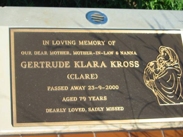 Leslie Henry KROSS, husband father,  | died 15-12-1962 aged 51 years;  | Gertrude Klara (Clare) KROSS,  | mother mother-in-law nanna,  | died 23-9-2000 aged 79 years;  | St Michael's Catholic Cemetery, Lowood, Esk Shire  | 