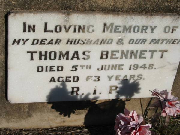 Thomas BENNETT, husband father,  | died 5 June 1948 aged 63 years;  | St Michael's Catholic Cemetery, Lowood, Esk Shire  | 