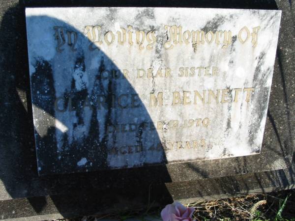 Clarice M. BENNETT, sister,  | died 12 Feb 1970 aged 48 years;  | St Michael's Catholic Cemetery, Lowood, Esk Shire  | 
