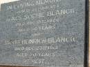Agnes Sophie BLANCK
d: 18 Aug 1926, aged 36
Jacob Heinrich BLANCK
23 Dec 1961, aged 70
Lowood General Cemetery