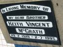 Keith Vincent McGRATH
b: 29 Feb 1928, d: 2 Jul 1995
Lowood General Cemetery