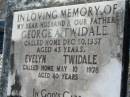 George A TWIDALE
30 Dec 1937, aged 43
Evelyn TWIDALE
10 May 1978, aged 80
Lowood General Cemetery