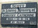 Dorothy Catherine SCOTT
b: 1923, d: 13 Jun 1974
Lowood General Cemetery