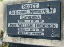 Catherina SCOTT
b: 1900, d: 1 Dec 1970,
John William Frederick SCOTT
b: 1893, d: 10 Jan 1976
Lowood General Cemetery