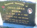 Cecily Grace RESIDE
b: 24 Sep 1948, d: 30 Mar 2000
Lowood General Cemetery