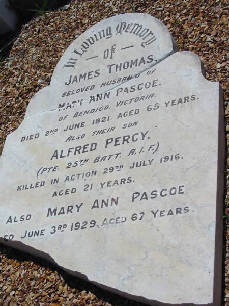 James Thomas (PASCOE)  | (husband of Mary Ann PASCOE)  | of Bendigo, Victoria  | d: 2 Jun 1921, aged 65 years  | (son) Alfred Percy (PASCOE)  | killed in action 29 Jul 1916, aged 21  | Mary Ann PASCOE  | 3 Jun 1929, aged 67  |   | Glory Thelma (PASCOE)  | daughter of R S and C PASCOE  | 30 May 1920, aged 7  |   | Lowood General Cemetery  |   | 