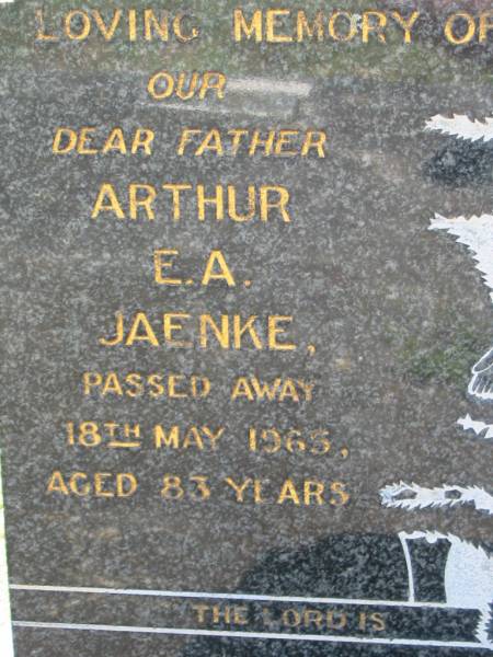 Arthur E A JAENKE  | 18 May 1965, aged 83  | Isabella Grace JAENKE  | 2 Jan 1983, aged 73  | Lowood General Cemetery  |   | 