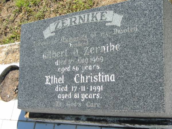 Gilbert O ZERNIKE  | 3 Aug 1969, aged 56  | Ethel Christina ZERNIKE  | 17 Nov 1991, aged 81  | Lowood General Cemetery  |   | 