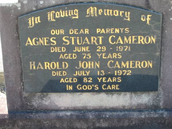 Agnes Stuart CAMERON  | 29 Jun 1971, aged 75  | Harold John CAMERON  | 13 Jul 1972, aged 82  | Lowood General Cemetery  |   | 