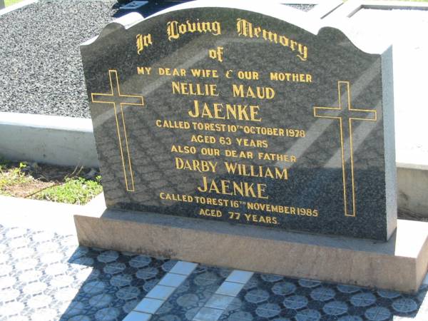 Nellie Maud JAENKE  | 10 Oct 1978, aged 63  | Darby William JAENKE  | 16 Nov 1985, aged 77  | Lowood General Cemetery  |   | 