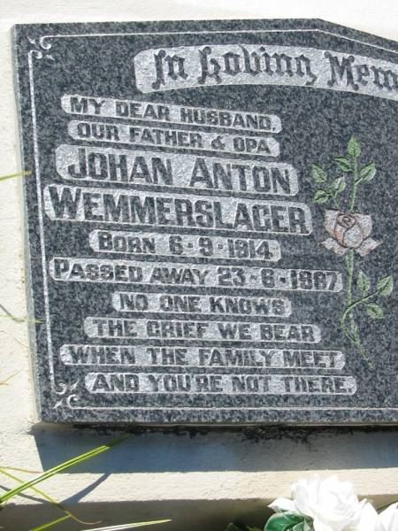 Johan Anton WEMMERSLAGER  | b: 6 Sep 1914, d: 23 Jun 1987  | Lowood General Cemetery  |   | 