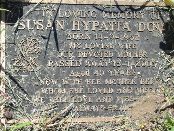 Susan Hypatia DOWNS  | b: 14 Sep 1962, d: 15 Jan 2005, aged 40  | (now with her mother Betty)  | Lowood General Cemetery  |   | 