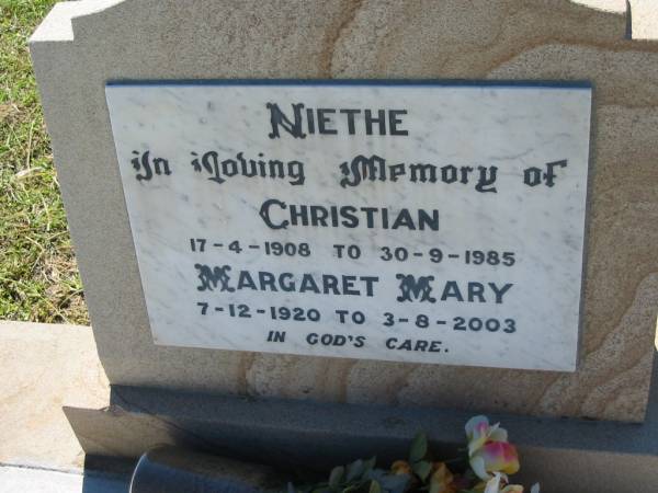 Christian NIETHE  | b: 17 Apr 1908, d: 30 Sep 1985  | Margaret Mary NIETHE  | b: 7 Dec 1920, d: 3 Aug 2003  | Lowood General Cemetery  |   | 