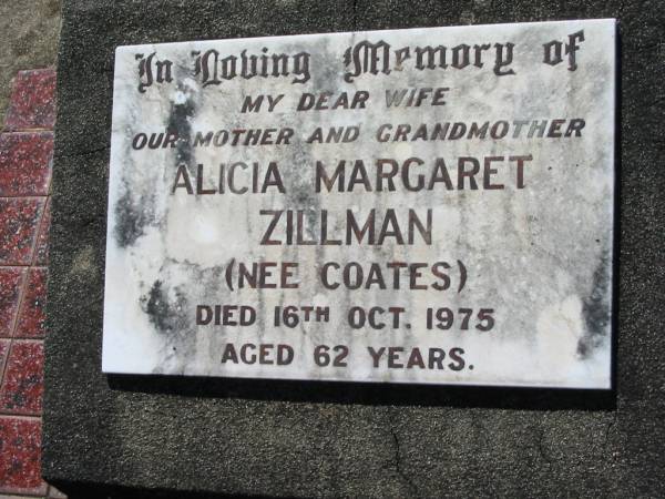 Alicia Margaret ZILLMAN (nee COATES)  | 16 Oct 1975, aged 62  | Lowood General Cemetery  |   | 