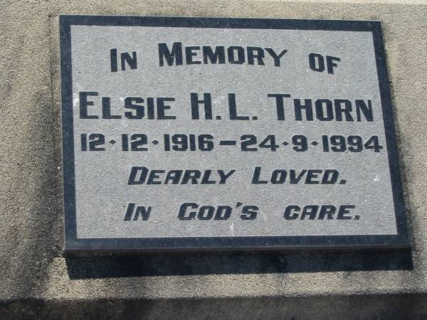 Elsie H L THORN  | b: 12 Dec 1916, d: 24 Sep 1994  | Lowood General Cemetery  |   | 