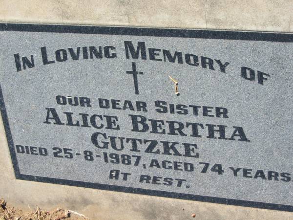 Alice Bertha GUTZKE  | 25 Aug 1987, aged 74  | Lowood General Cemetery  |   | 
