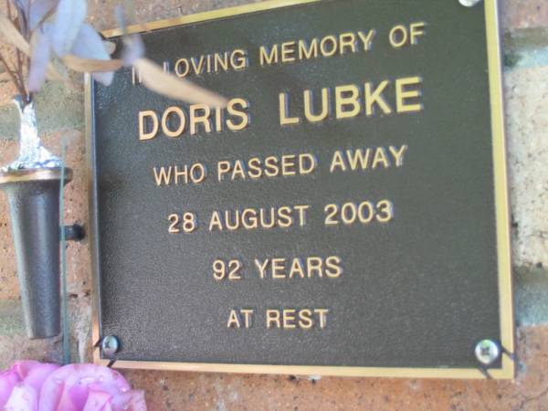 Doris LUBKE  | 28 Aug 2003, aged 92  | Lowood General Cemetery  |   | 