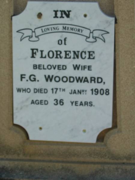 Florence (WOODWARD)  | (wife of F G WOODWARD)  | 17 Jan 1908, aged 36  | Lowood General Cemetery  |   | 