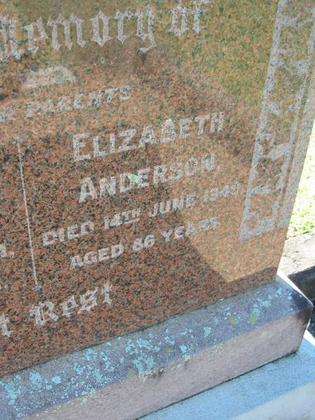 Robert ANDERSON  | 5 Aug 1921, aged 63  | Elizabeth ANDERSON  | 14 Jun 1949, aged 86  | Lowood General Cemetery  |   | 