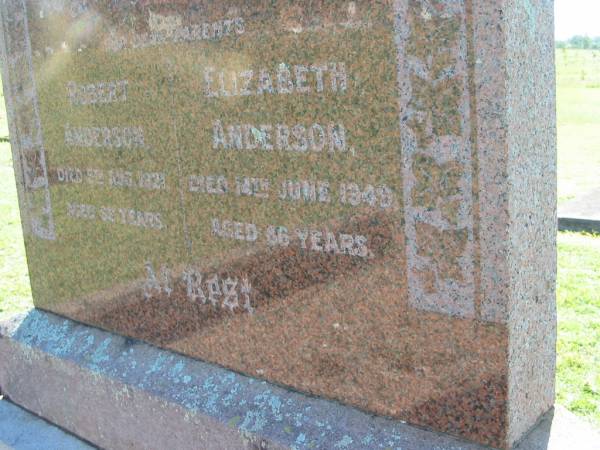 Robert ANDERSON  | 5 Aug 1921, aged 63  | Elizabeth ANDERSON  | 14 Jun 1949, aged 86  | Lowood General Cemetery  |   | 