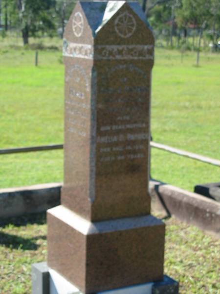 Thomas PATRICK  | 3 Apr 1918, aged 70  | Amelia C PATRICK  | 14 Aug 1951, aged 84  | (daughter) Chrissie  | 23 Oct 1913, aged 9  | Lowood General Cemetery  |   | 